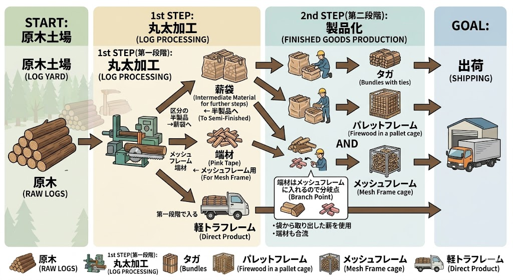 原木土場から丸太加工、製品化、出荷までの薪加工工程図