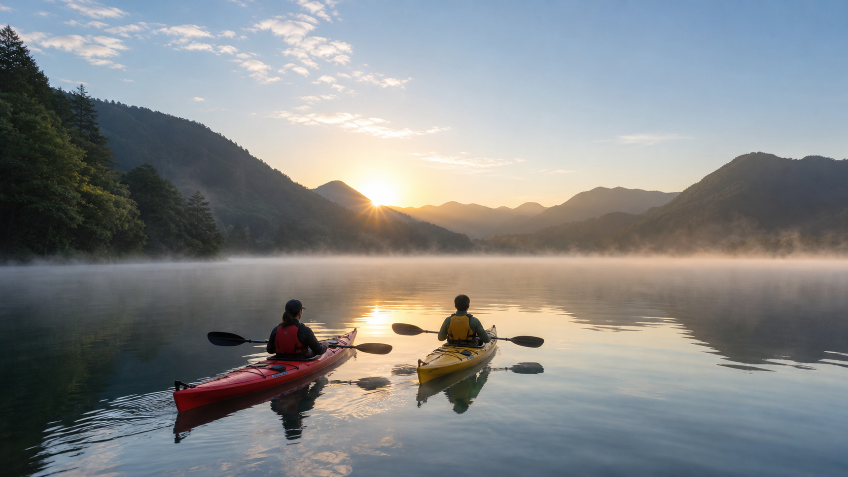 朝日に照らされる青木湖のカヤック